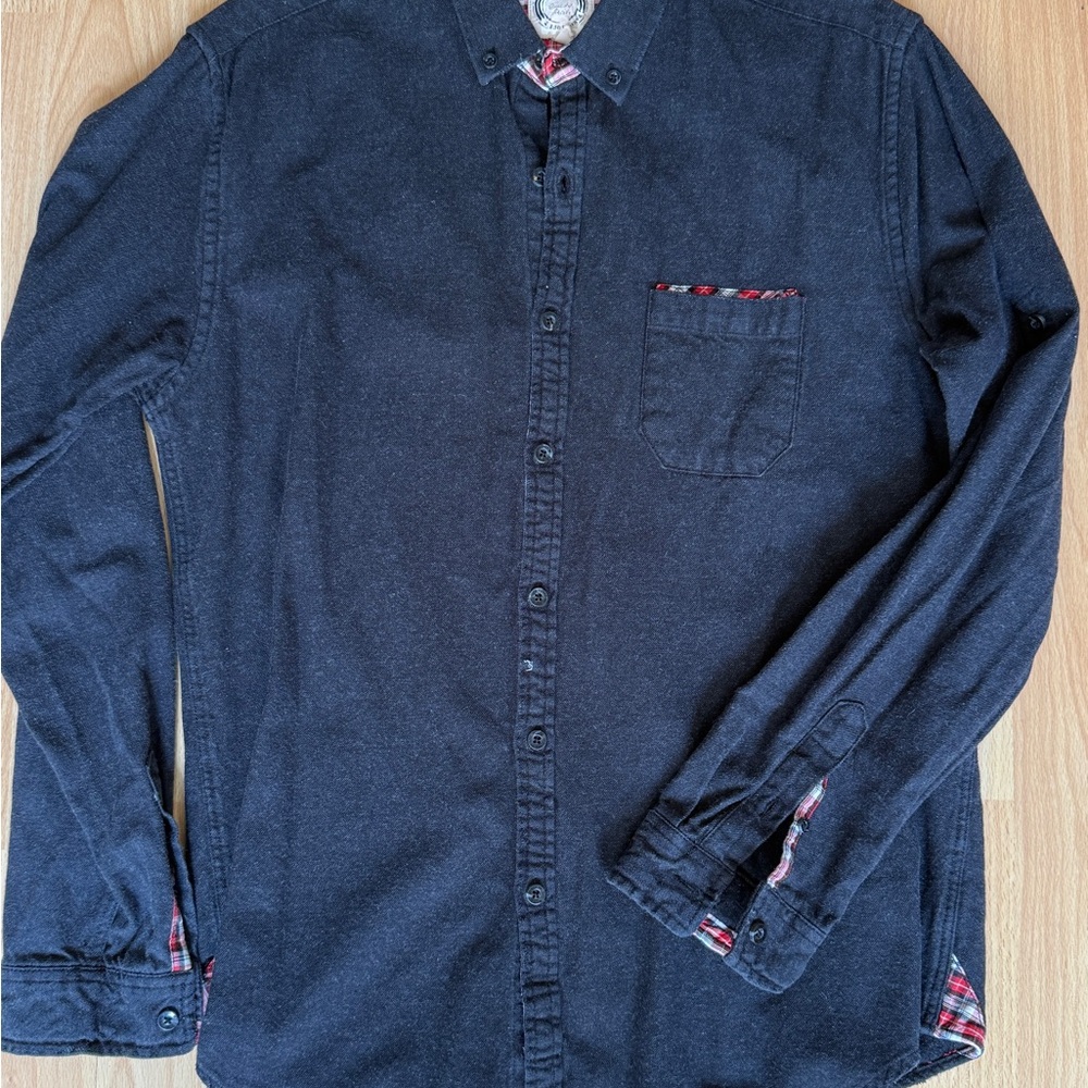 BTNS Black Denim Button-Down Shirt with Plaid Christmas Details